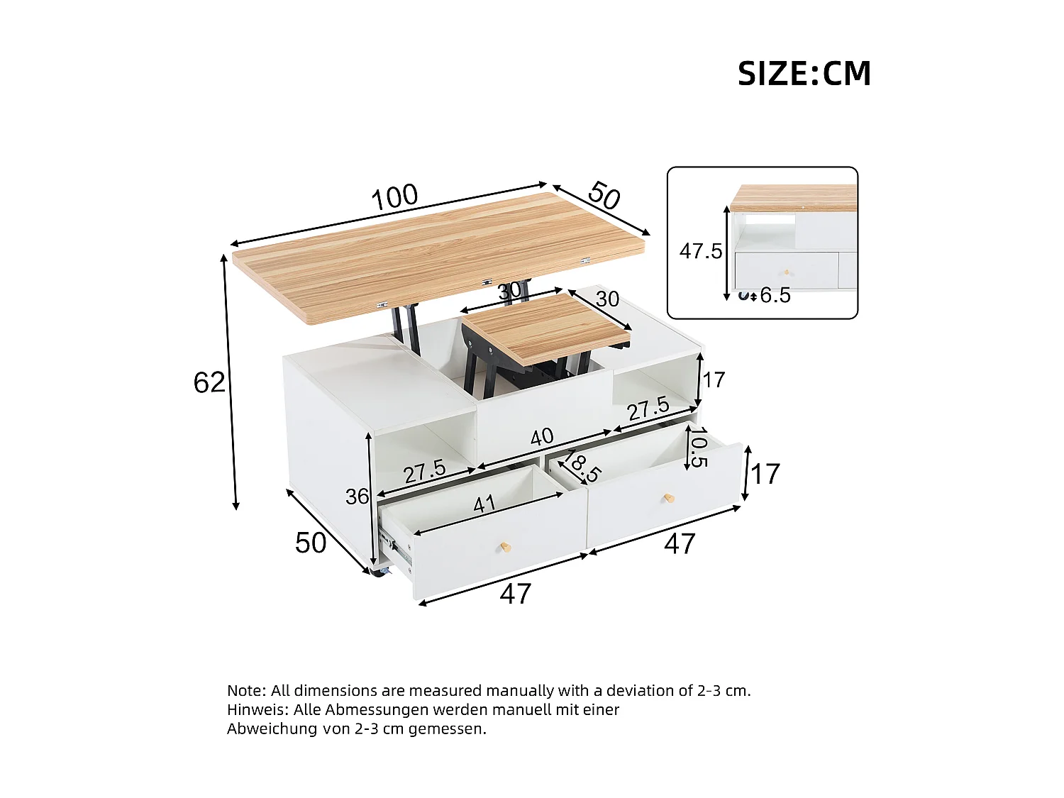 Mesa de centro com altura ajustável e 4 gavetas, sendo uma grande e uma pequena com sistema hidráulico de abertura, branca.