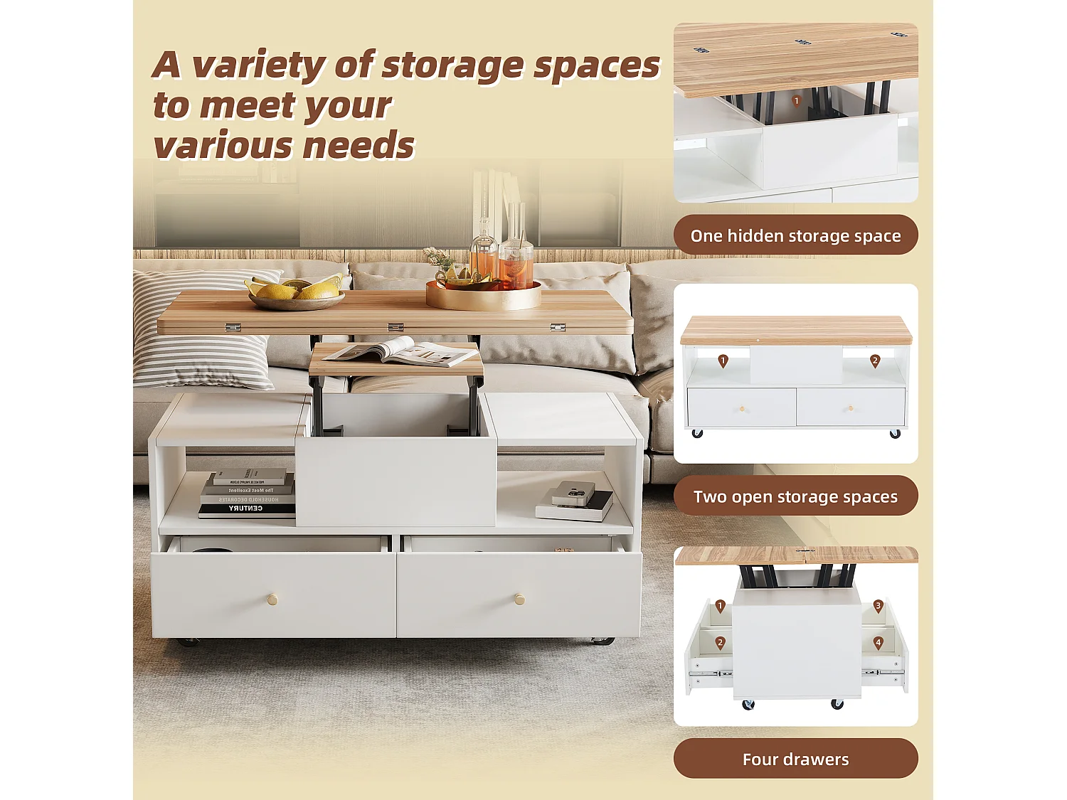 Mesa de centro com altura ajustável e 4 gavetas, sendo uma grande e uma pequena com sistema hidráulico de abertura, branca.