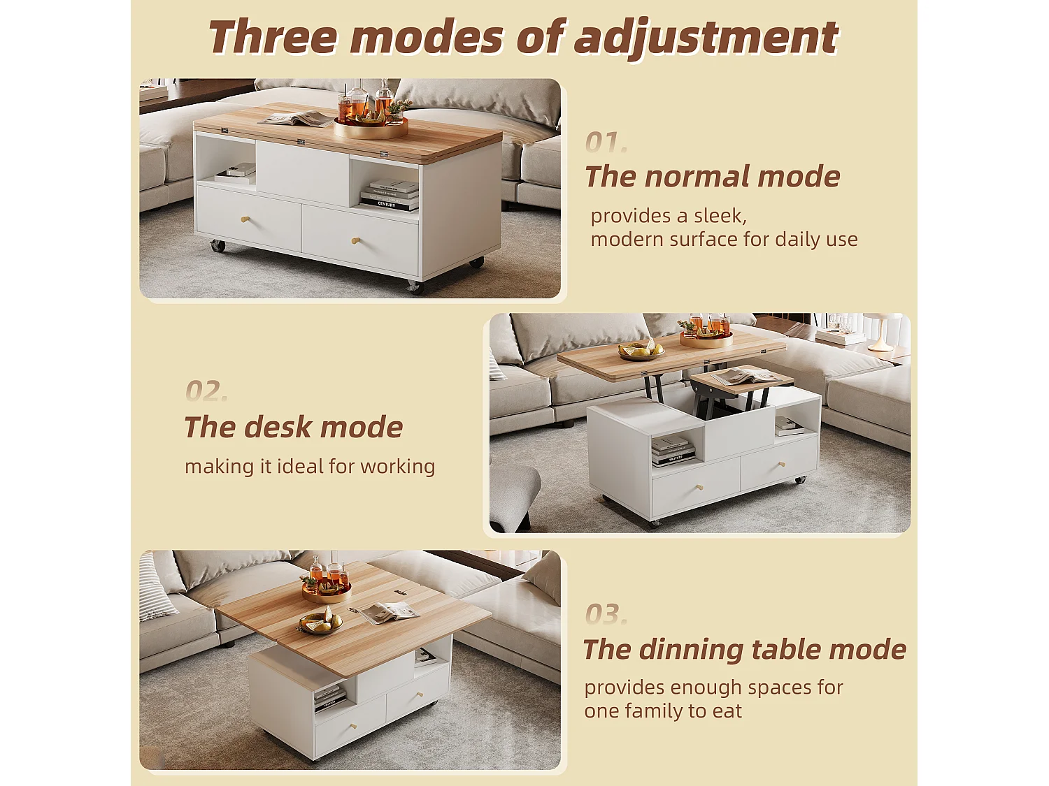 Mesa de centro com altura ajustável e 4 gavetas, sendo uma grande e uma pequena com sistema hidráulico de abertura, branca.