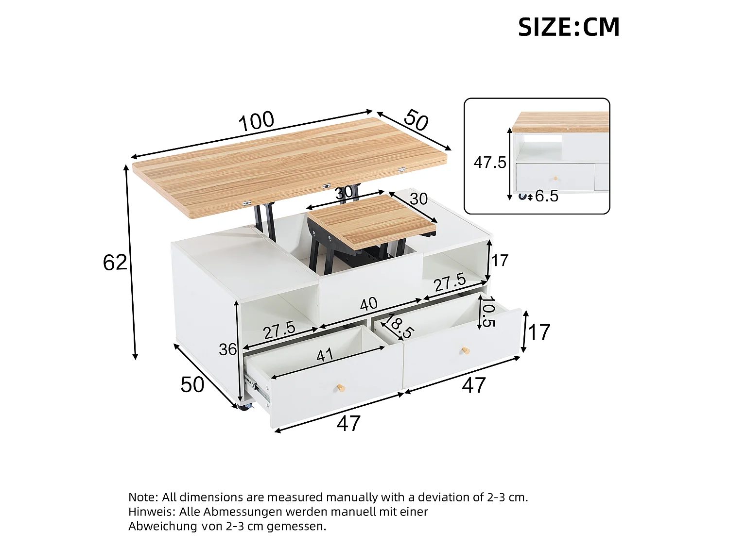 In hoogte verstelbare salontafel met 4 lades, één grote en één kleine hydraulisch opklapbare lade, wit