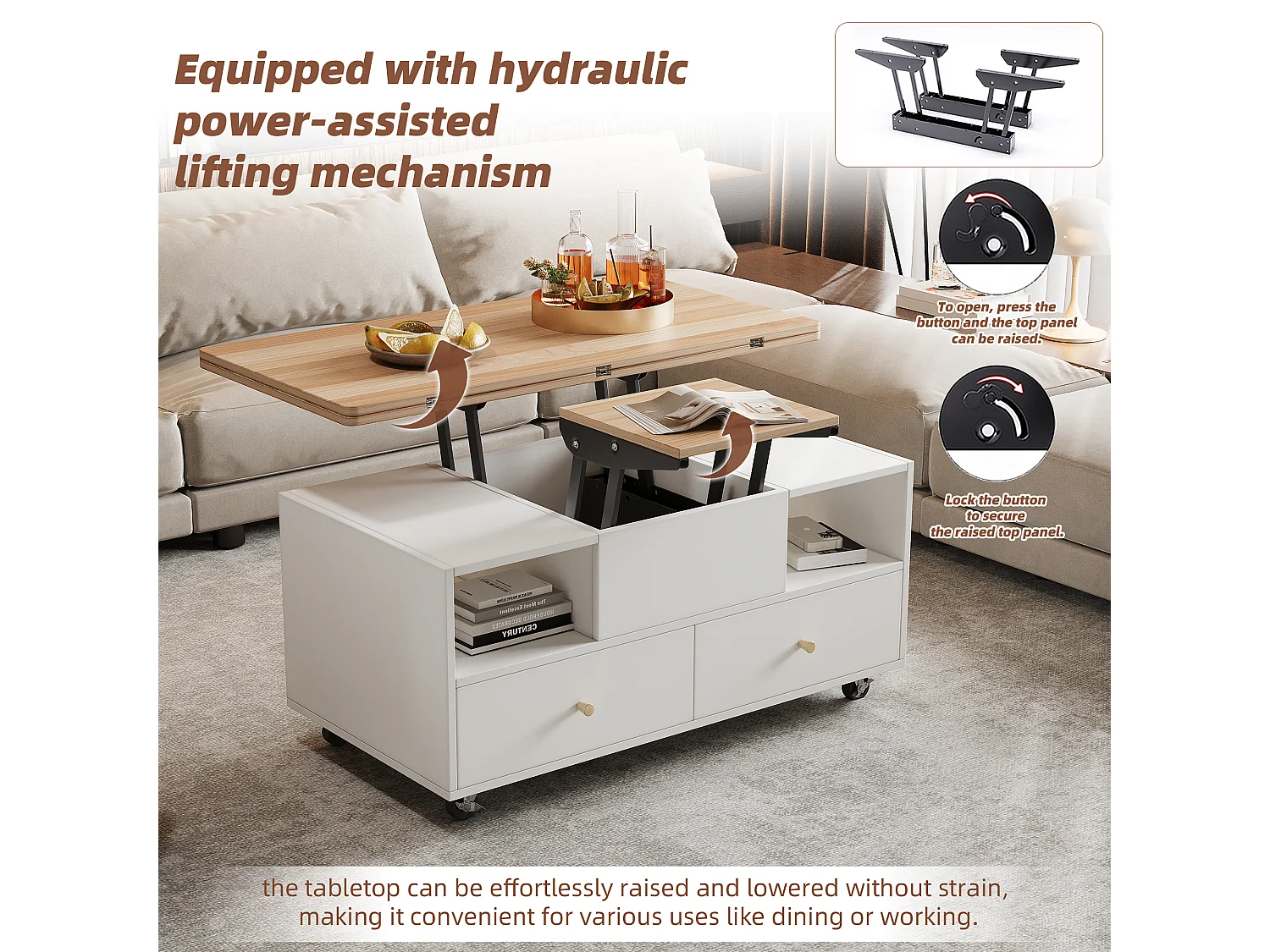 In hoogte verstelbare salontafel met 4 lades, één grote en één kleine hydraulisch opklapbare lade, wit
