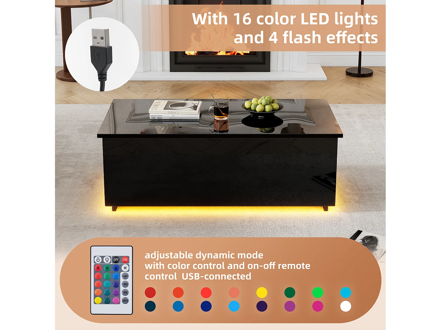 Mesa de centro elevable con luz LED, almacenamiento oculto, puerto USB y de carga, 100 x 50 x 35 cm, negra