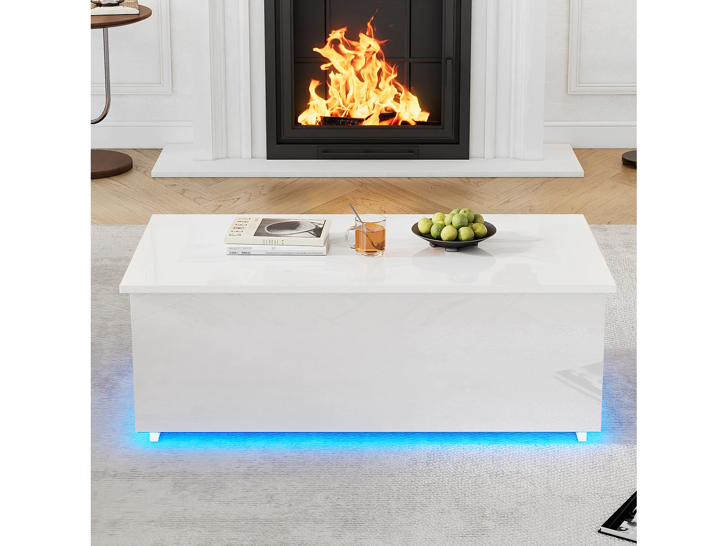 Mesa de centro elevable con luz LED, almacenamiento oculto, puerto USB y de carga, 100 x 50 x 35 cm, blanca