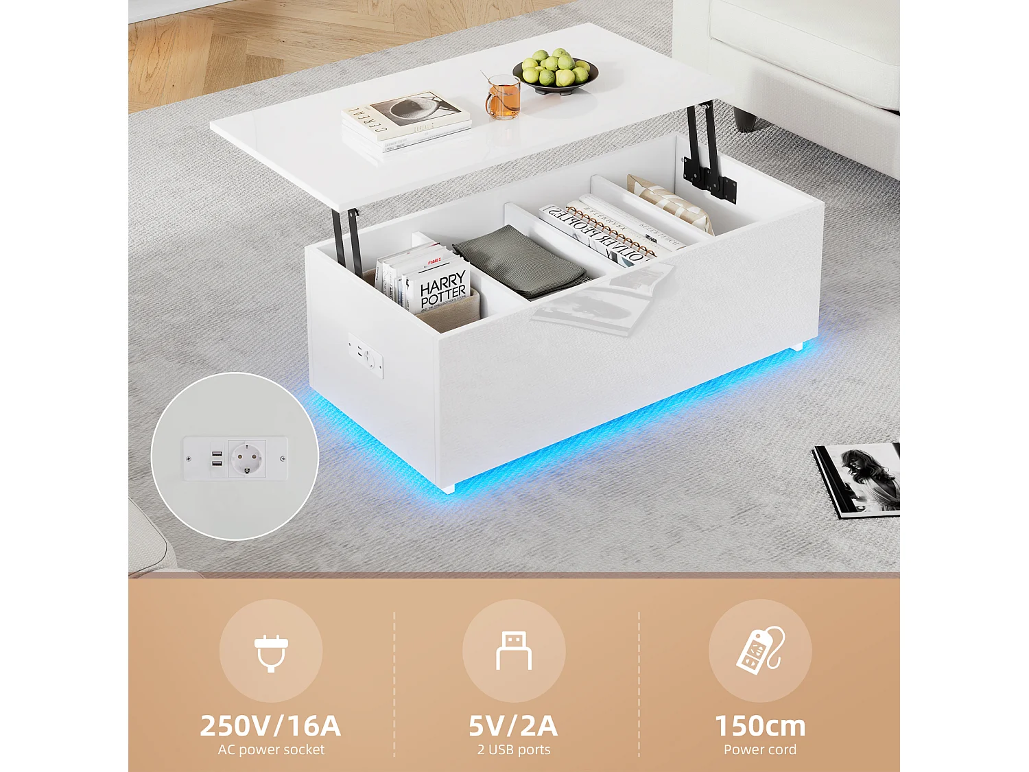 Mesa de centro elevable con luz LED, almacenamiento oculto, puerto USB y de carga, 100 x 50 x 35 cm, blanca