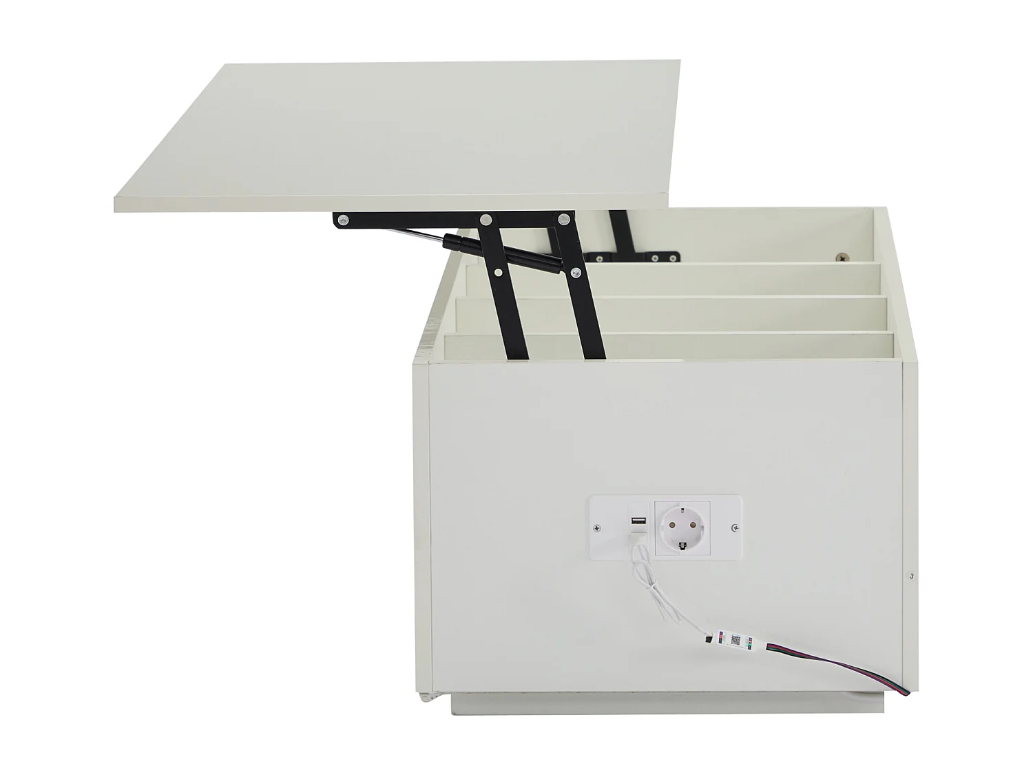 Mesa de centro elevable con luz LED, almacenamiento oculto, puerto USB y de carga, 100 x 50 x 35 cm, blanca