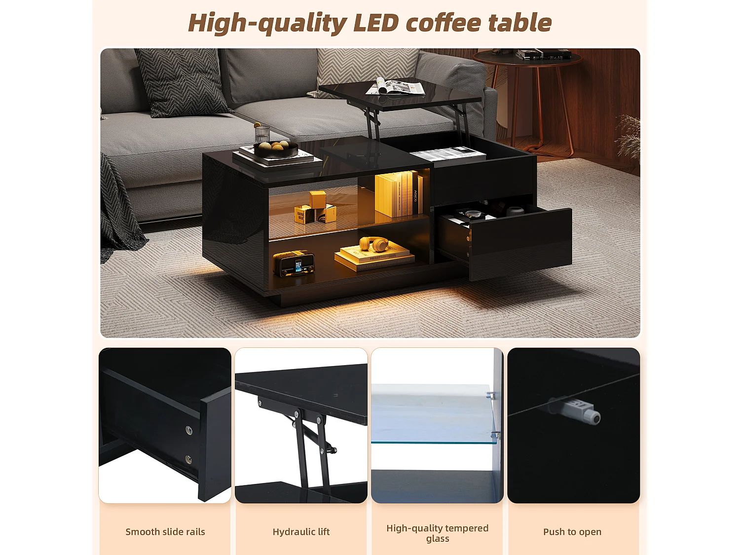 Mesa de centro con iluminación LED, altura regulable, un cajón, estantes de cristal, negra, 100 x 49 x 40 cm