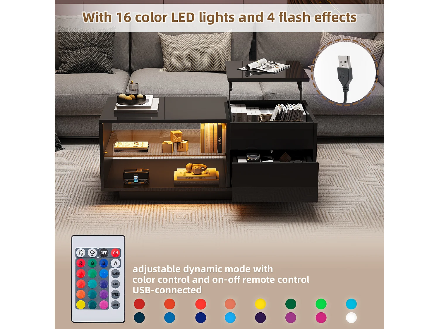 Mesa de centro con iluminación LED, altura regulable, un cajón, estantes de cristal, negra, 100 x 49 x 40 cm