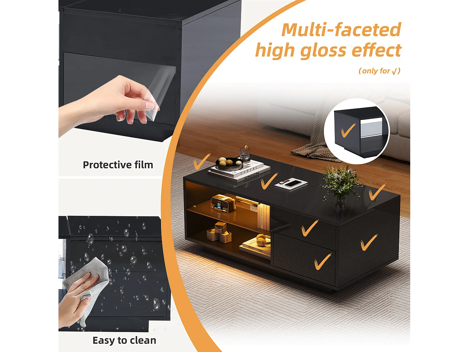 Mesa de centro con iluminación LED, altura regulable, un cajón, estantes de cristal, negra, 100 x 49 x 40 cm