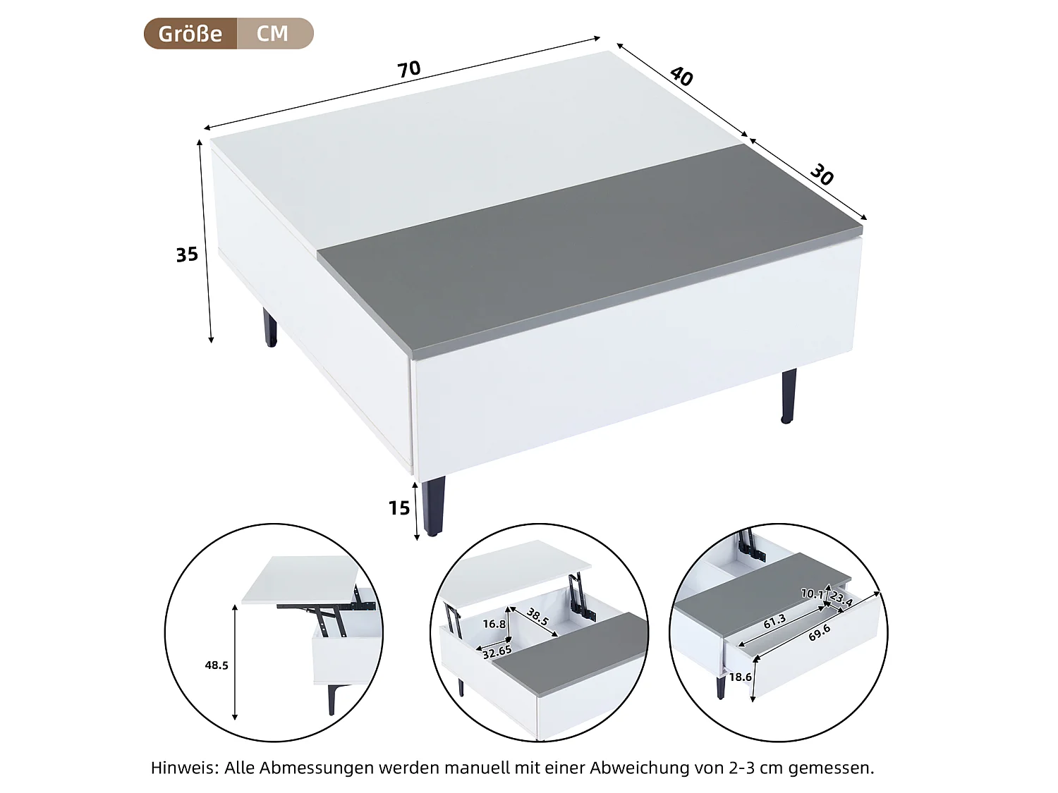 Table Basse à LED, Table Basse relevable Extensible avec rangements et étagères cachés, Blanc