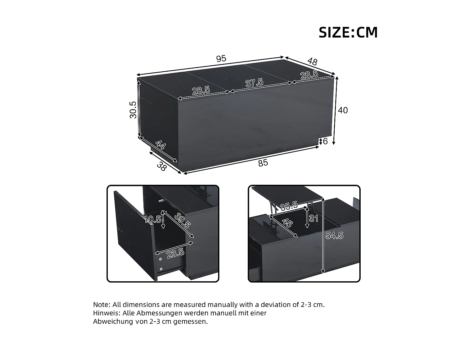 Mesa de centro negra con 2 cajones, tapa elevable hidráulica e iluminación LED, con control remoto, 95x48x40 cm