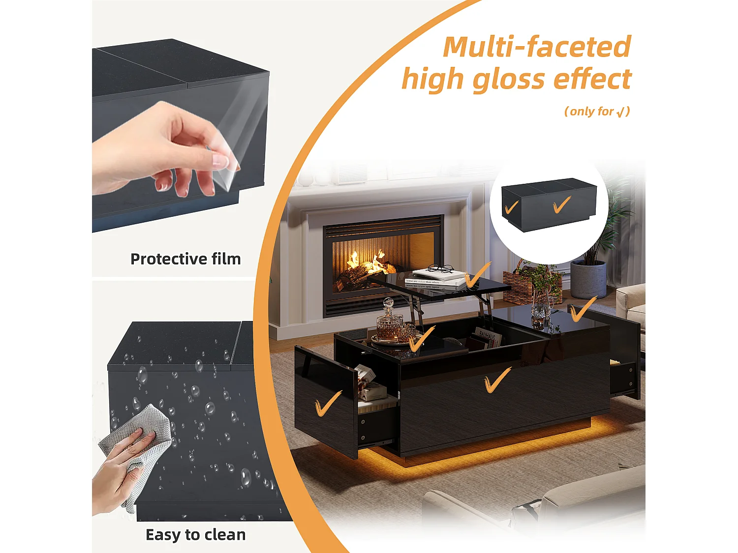 Mesa de centro negra con 2 cajones, tapa elevable hidráulica e iluminación LED, con control remoto, 95x48x40 cm