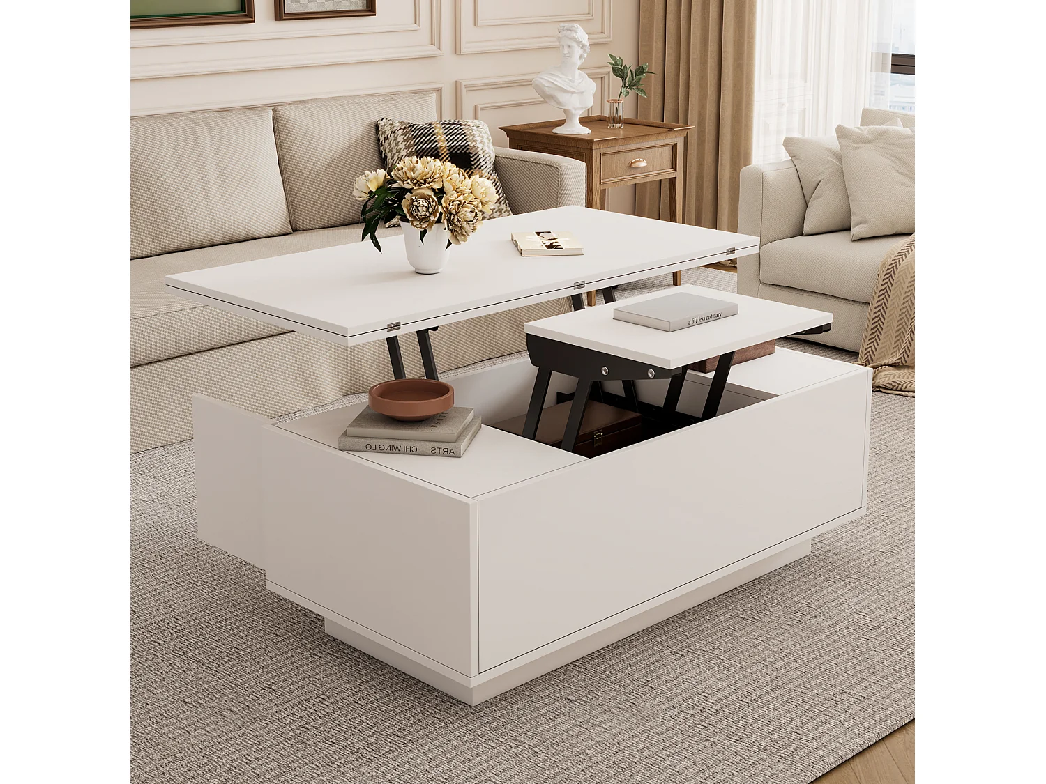 Tavolini da caffè con 2 ripiani sollevabili, tavolo 3 in 1, 2 ante, per soggiorno, bianco, 100 x 50 x 55 cm