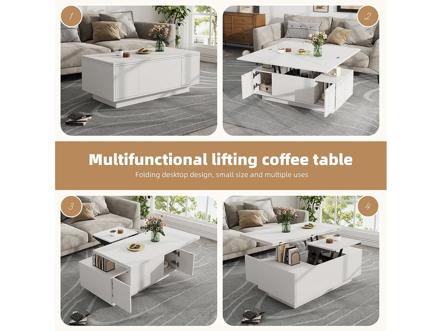 Tavolini da caffè con 2 ripiani sollevabili, tavolo 3 in 1, 2 ante, per soggiorno, bianco, 100 x 50 x 55 cm