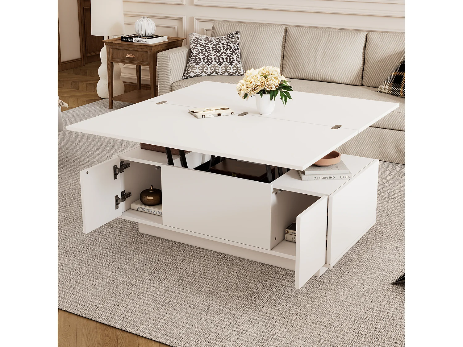 Tavolini da caffè con 2 ripiani sollevabili, tavolo 3 in 1, 2 ante, per soggiorno, bianco, 100 x 50 x 55 cm