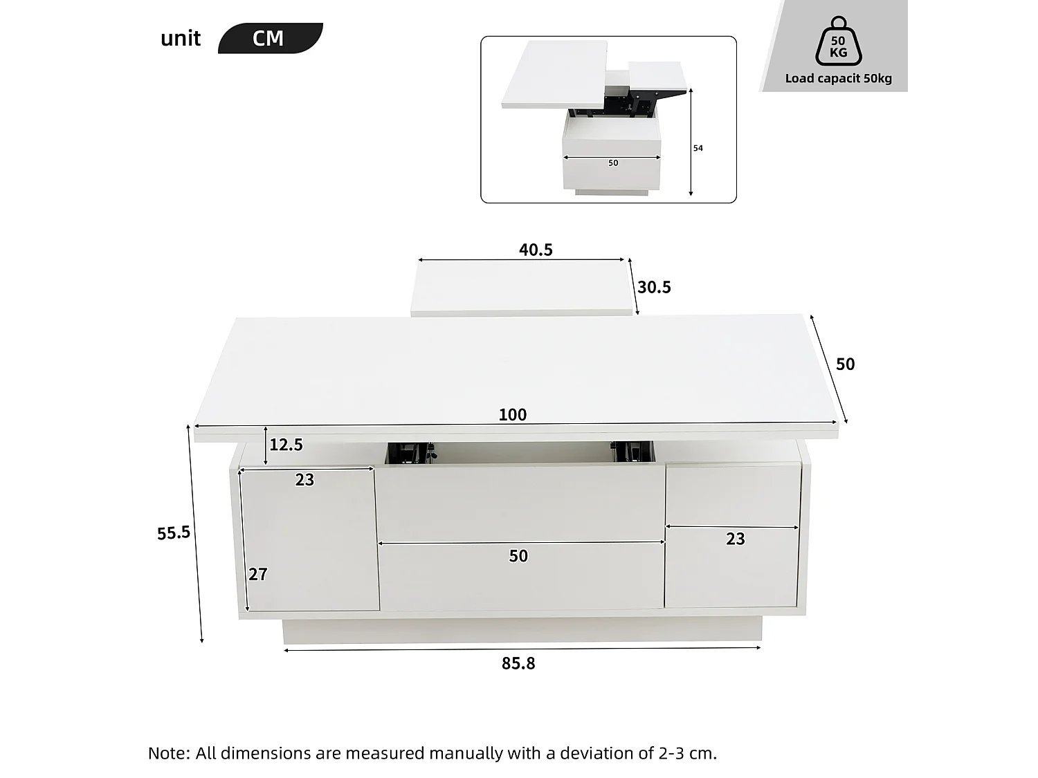Tavolini da caffè con 2 ripiani sollevabili, tavolo 3 in 1, 2 ante, per soggiorno, bianco, 100 x 50 x 55 cm