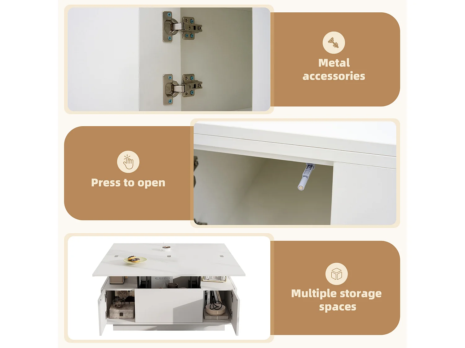 Tavolini da caffè con 2 ripiani sollevabili, tavolo 3 in 1, 2 ante, per soggiorno, bianco, 100 x 50 x 55 cm