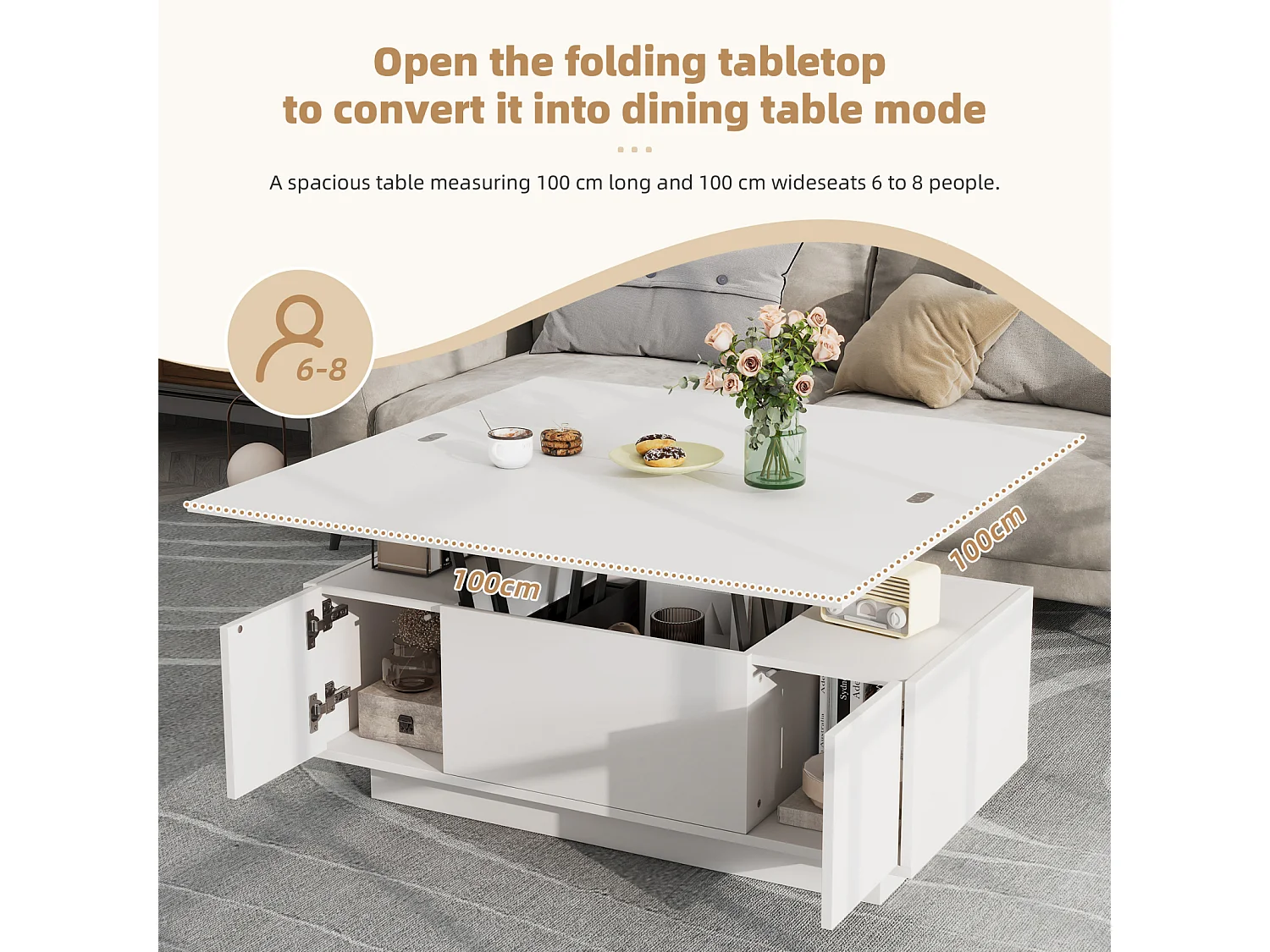 Tavolini da caffè con 2 ripiani sollevabili, tavolo 3 in 1, 2 ante, per soggiorno, bianco, 100 x 50 x 55 cm