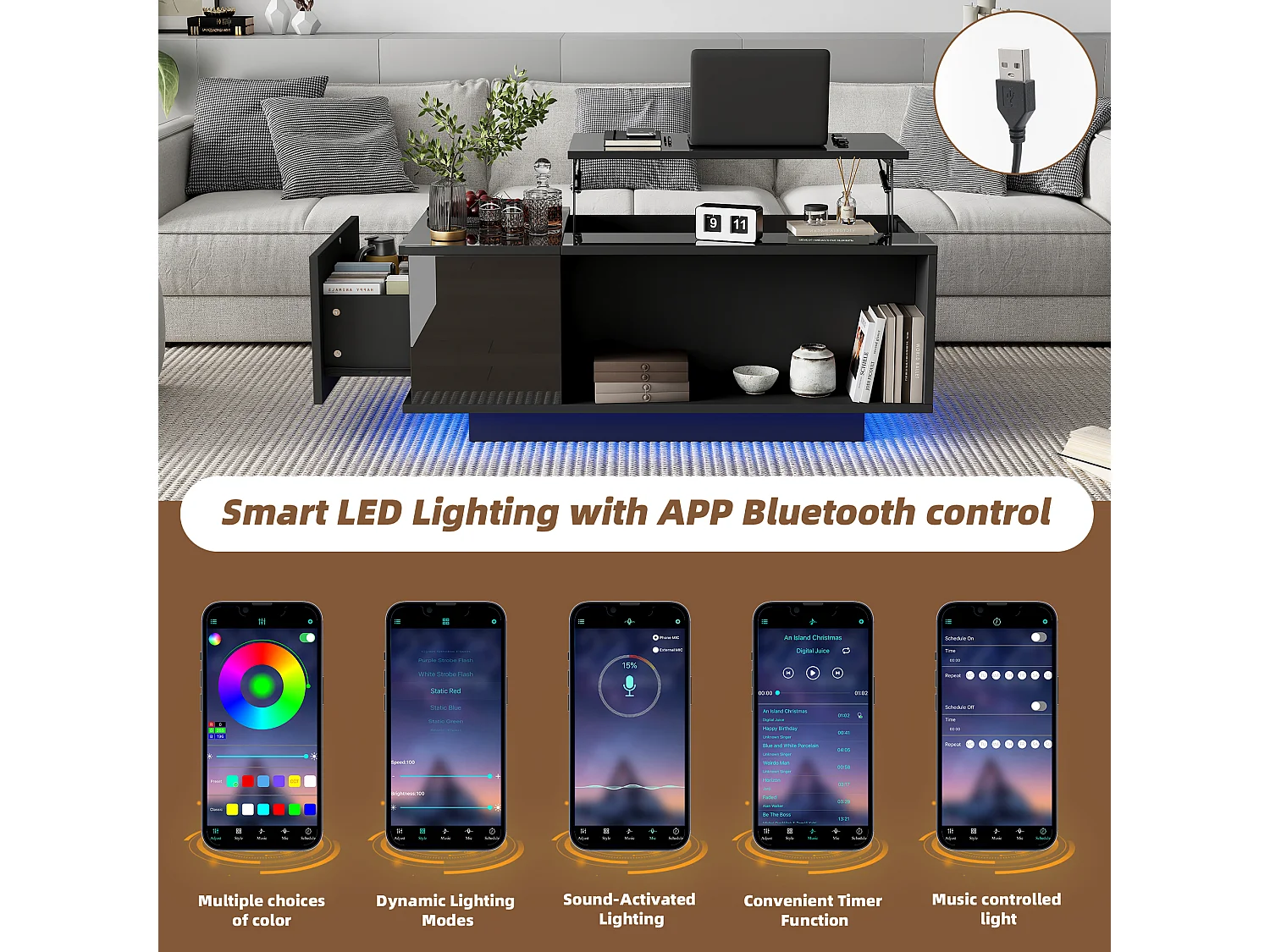 In hoogte verstelbare salontafel met verborgen opbergruimte - met LED - Zwart - 100 x 50 x 40 cm