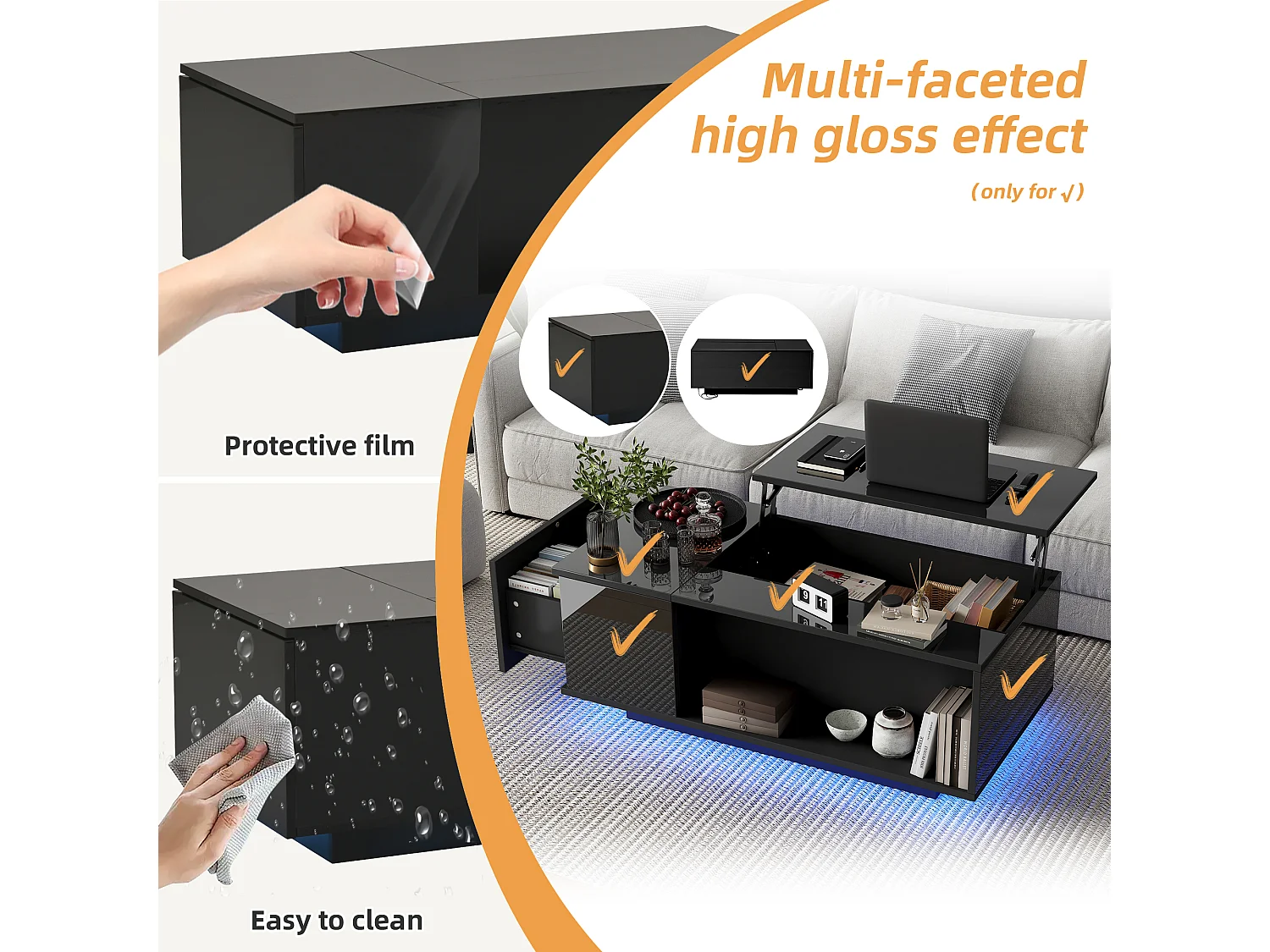 In hoogte verstelbare salontafel met verborgen opbergruimte - met LED - Zwart - 100 x 50 x 40 cm