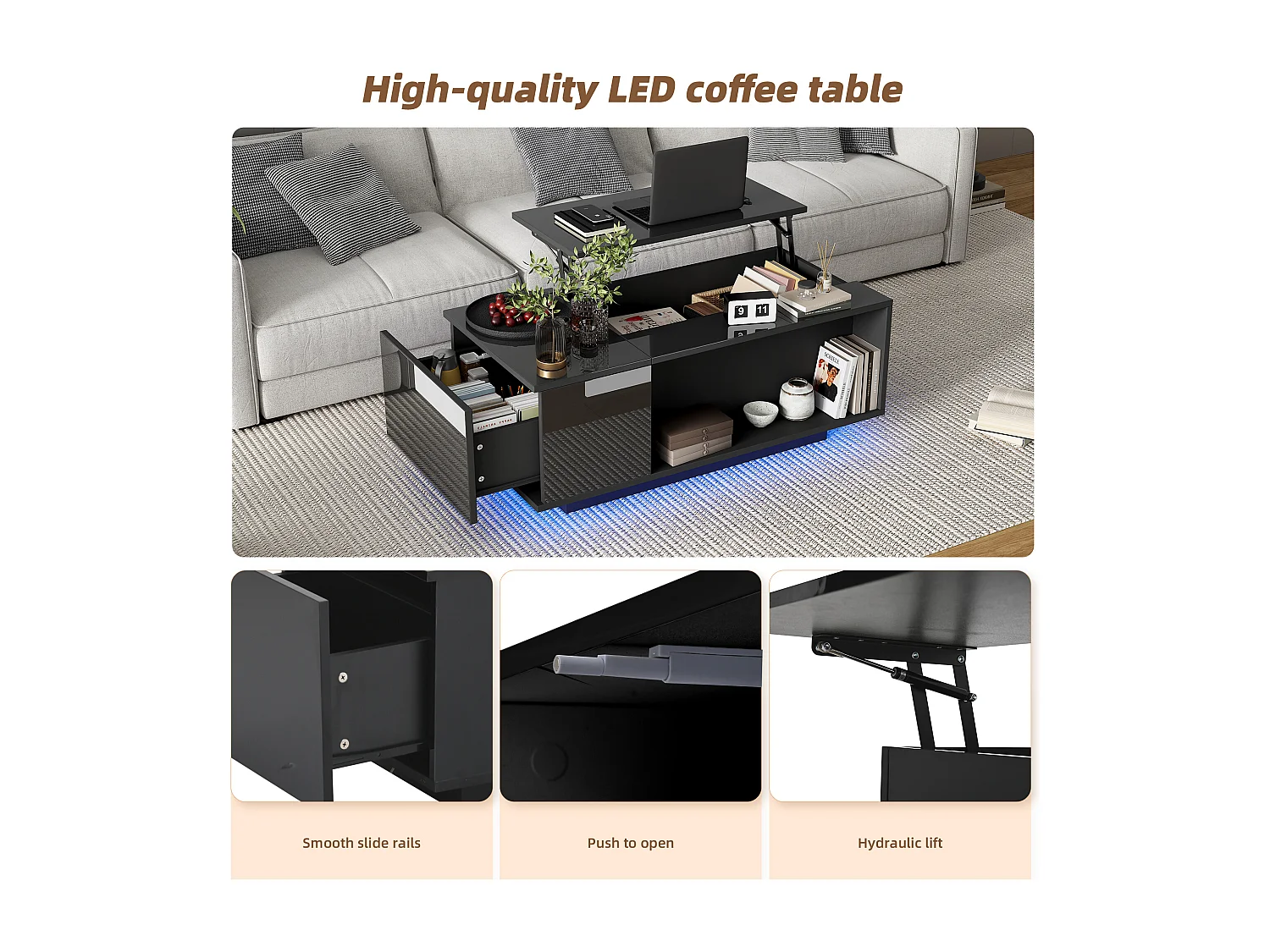 In hoogte verstelbare salontafel met verborgen opbergruimte - met LED - Zwart - 100 x 50 x 40 cm