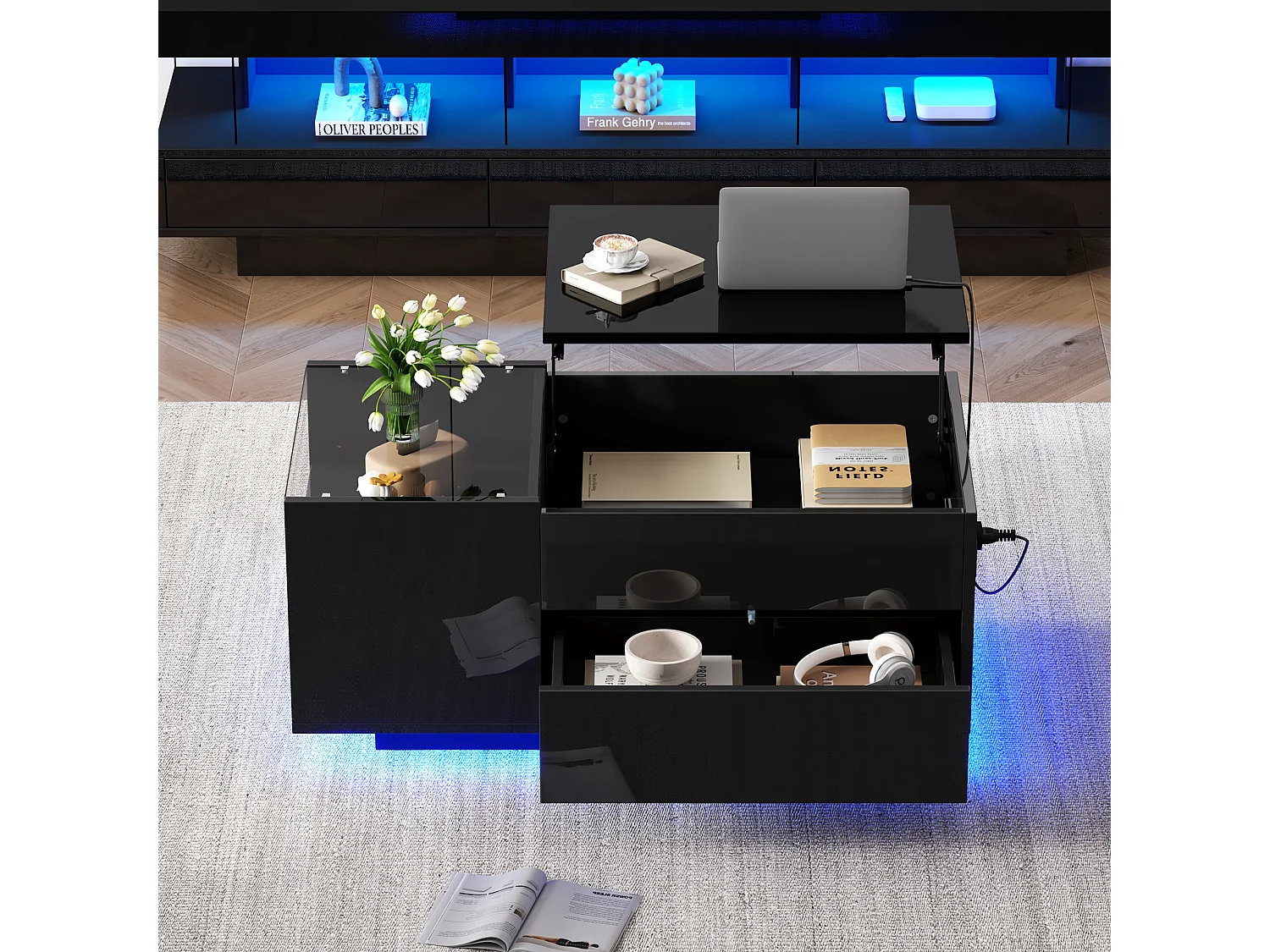 Mesa de centro regulable en altura con almacenaje, iluminación LED, cajón y toma de corriente, negra.