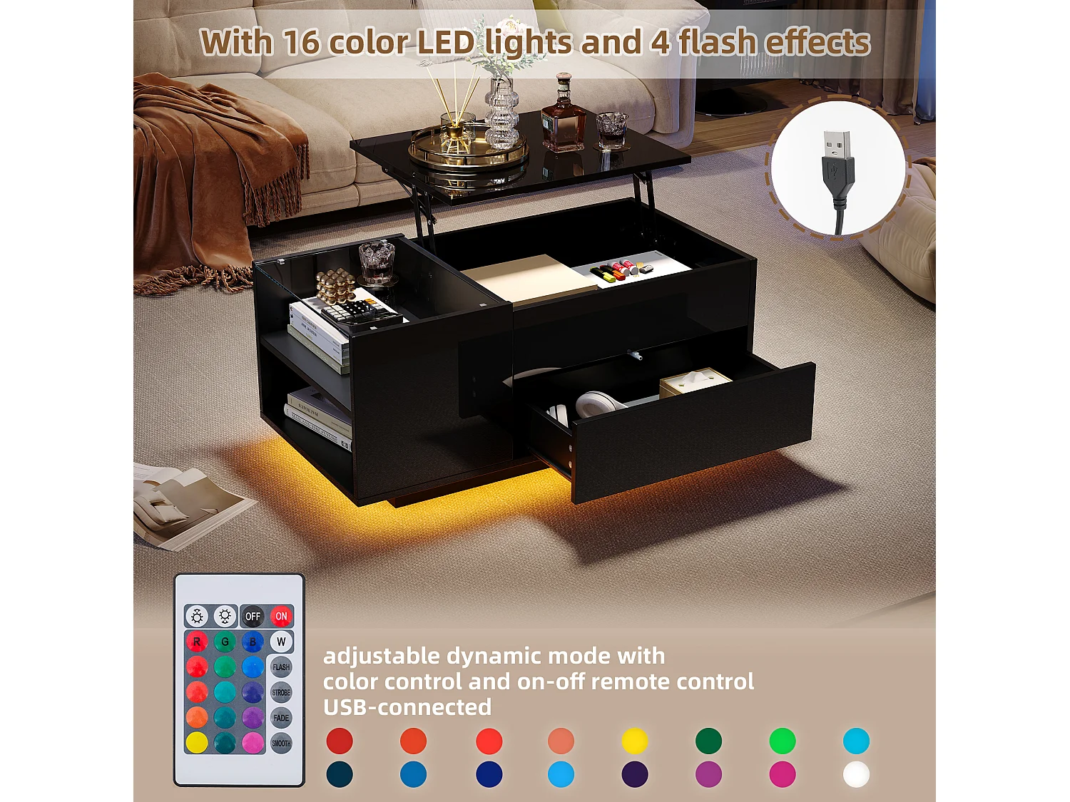 Mesa de centro regulable en altura con almacenaje, iluminación LED, cajón y toma de corriente, negra.