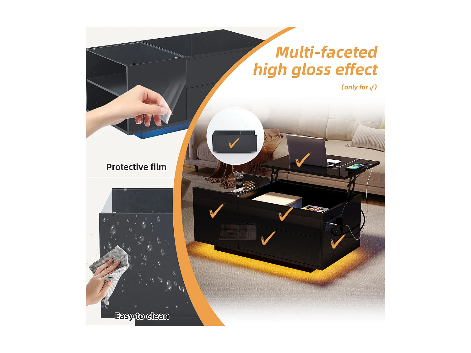 Mesa de centro regulable en altura con almacenaje, iluminación LED, cajón y toma de corriente, negra.