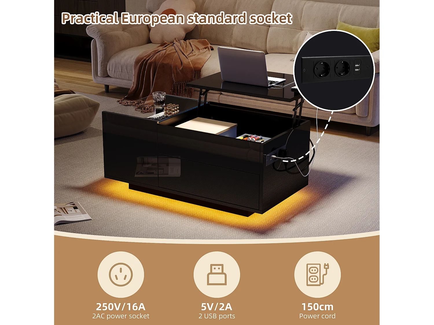 Mesa de centro regulable en altura con almacenaje, iluminación LED, cajón y toma de corriente, negra.