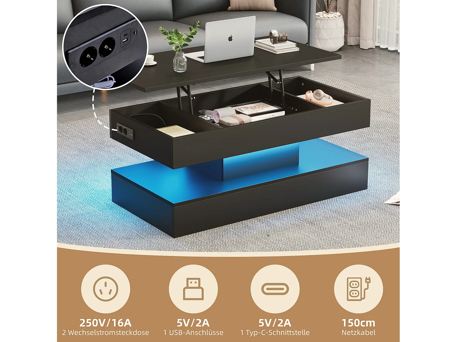 Mesa de centro moderna con iluminación LED, tapa elevable hidráulica, almacenaje integrado, 100 x 50 x 42 cm, negra