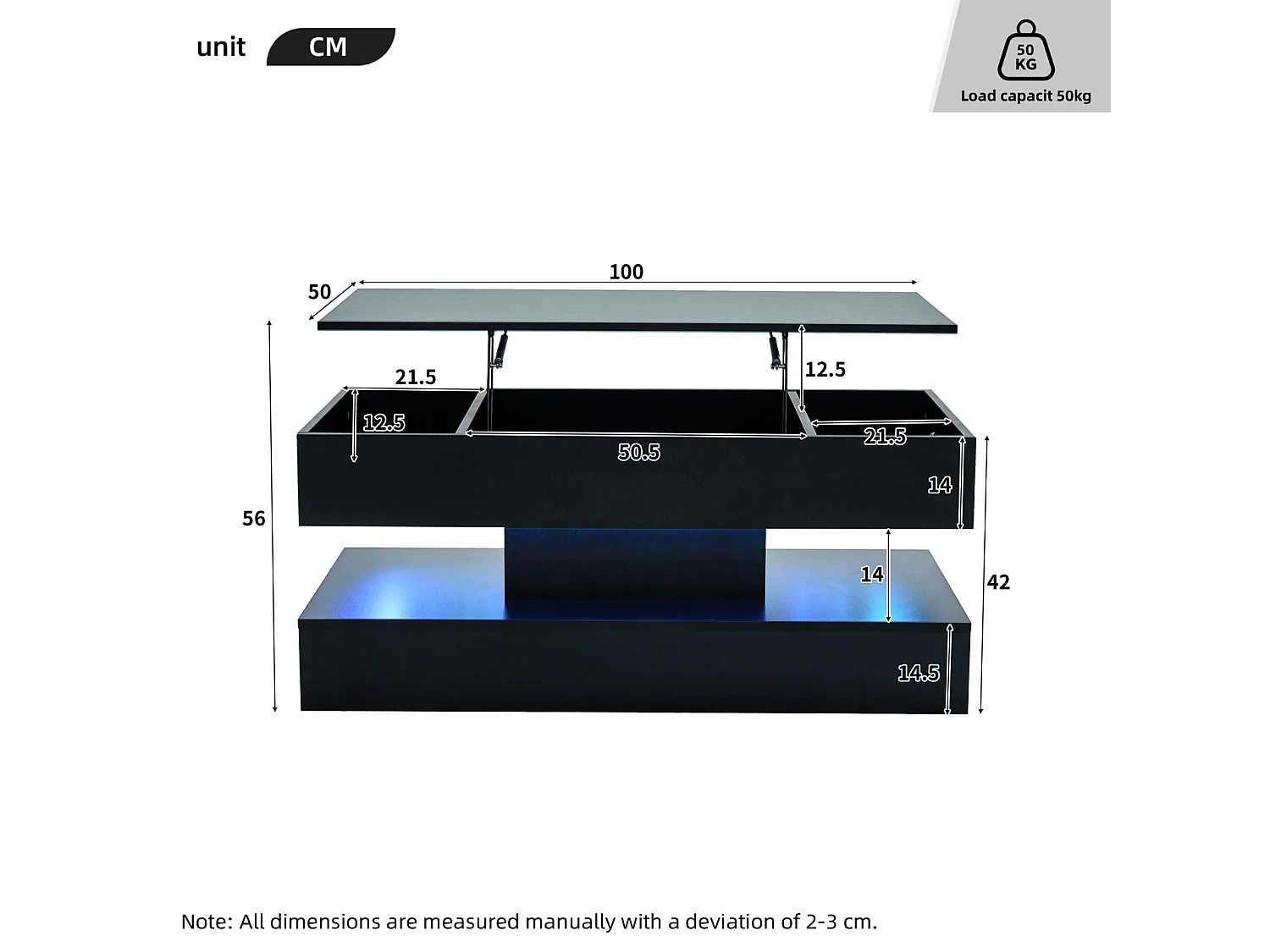 Table Basse Moderne avec LED - Plateau relevage hydraulique - Rangement intégré - 100x50x42 cm, Noir