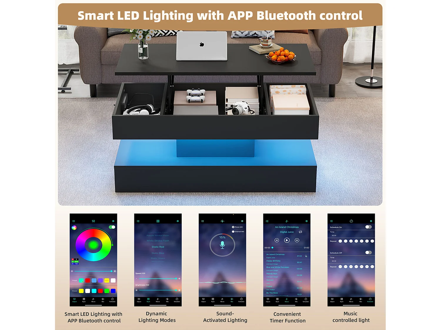 Table Basse Moderne avec LED - Plateau relevage hydraulique - Rangement intégré - 100x50x42 cm, Noir