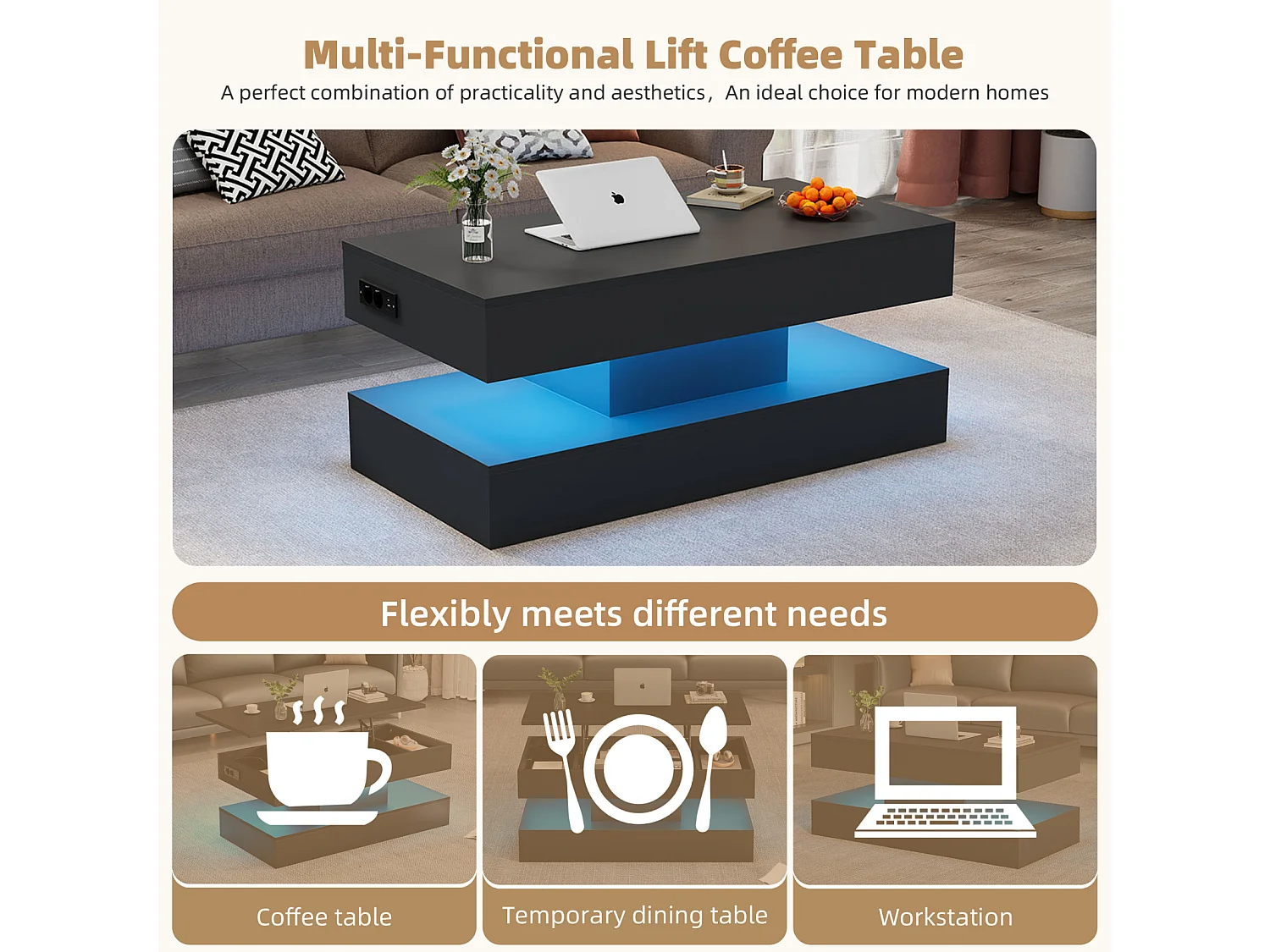 Table Basse Moderne avec LED - Plateau relevage hydraulique - Rangement intégré - 100x50x42 cm, Noir