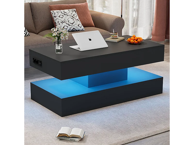 Table Basse Moderne avec LED - Plateau relevage hydraulique - Rangement intégré - 100x50x42 cm, Noir