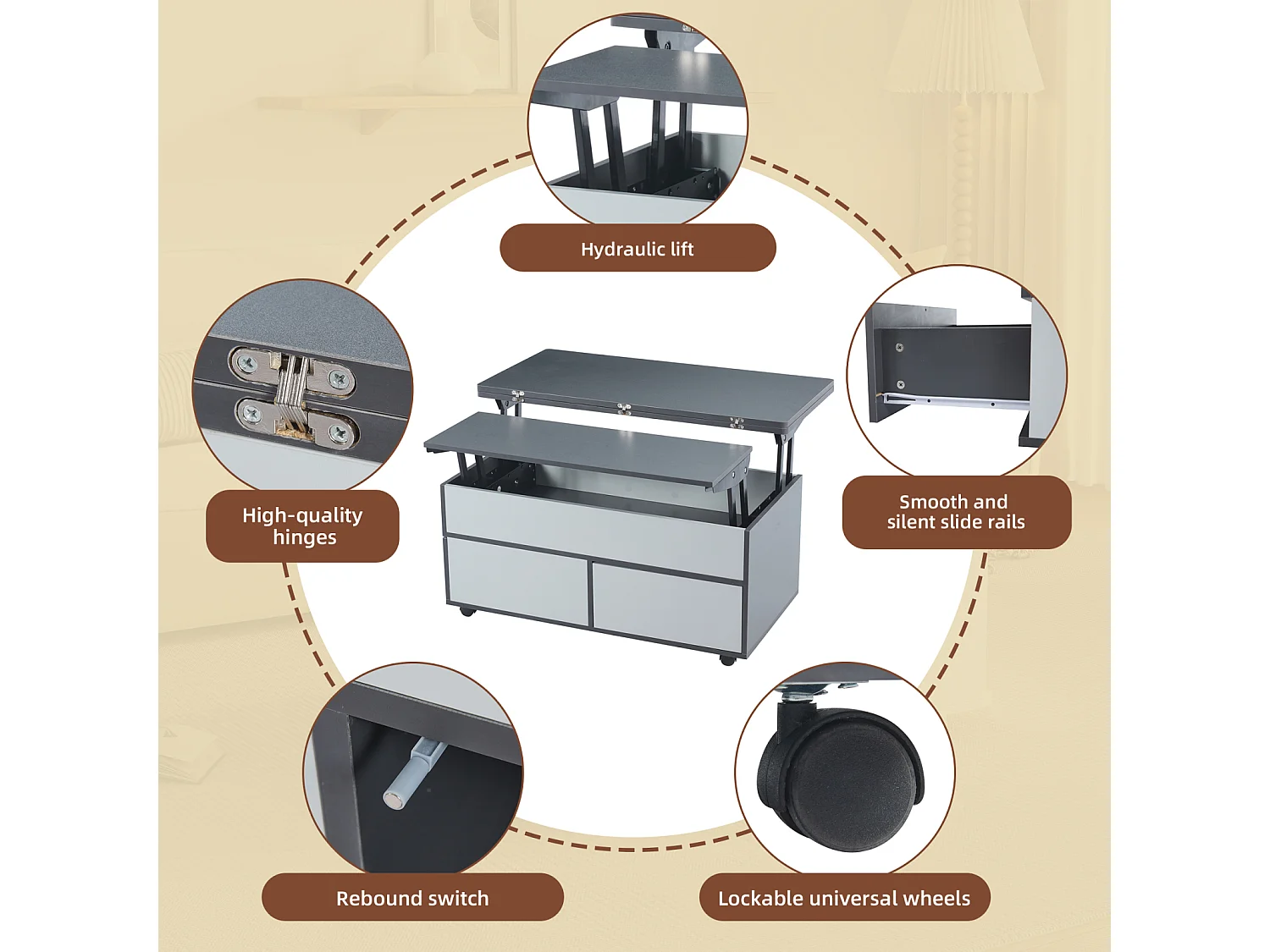 Table Basse 100 * 98 * 65cm, réglable en Hauteur avec Rangement et étagère cachés, avec roulettes