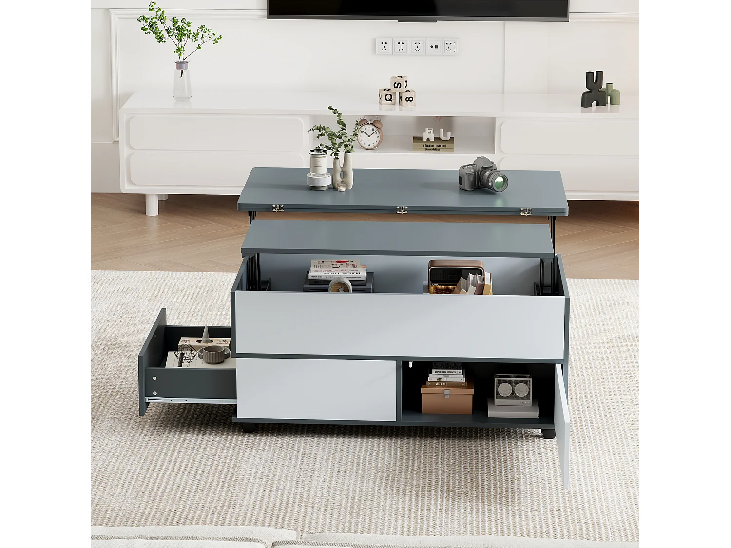 Table Basse 100 * 98 * 65cm, réglable en Hauteur avec Rangement et étagère cachés, avec roulettes