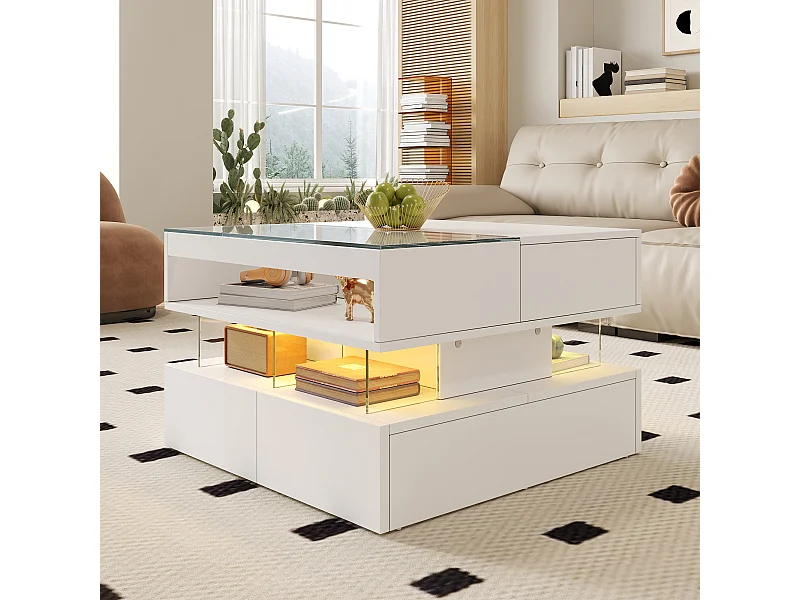 Mesa de centro multifuncional elevable con luz LED y cajón - Tablero de cristal templado, 70x67x57 cm, blanca