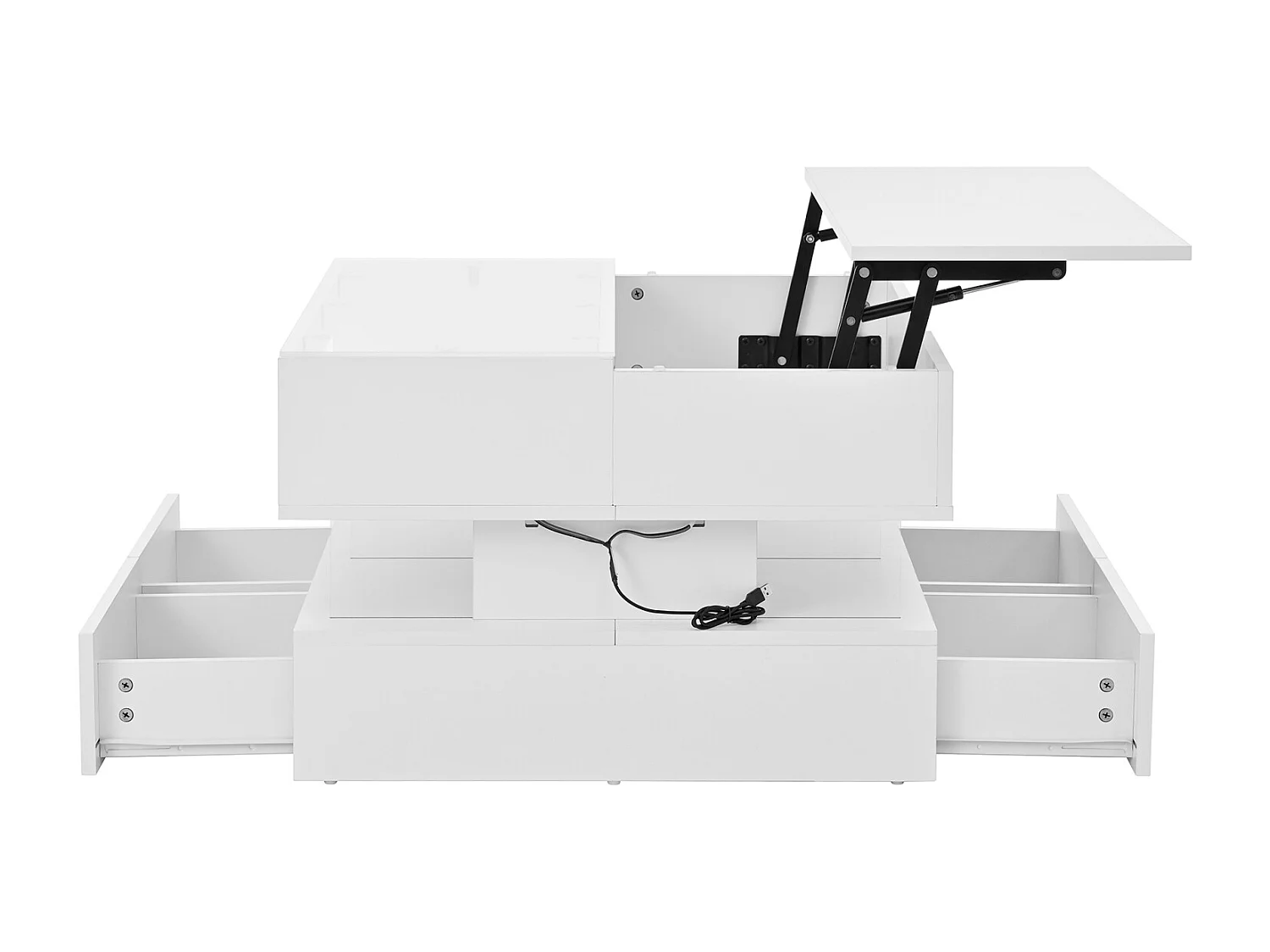 Tavolino da caffè multifunzionale con piano sollevabile, luce LED e cassetto - Piano in vetro temperato, 70x67x57 cm, bianco