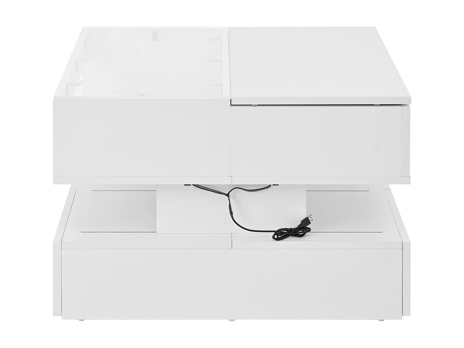 Tavolino da caffè multifunzionale con piano sollevabile, luce LED e cassetto - Piano in vetro temperato, 70x67x57 cm, bianco