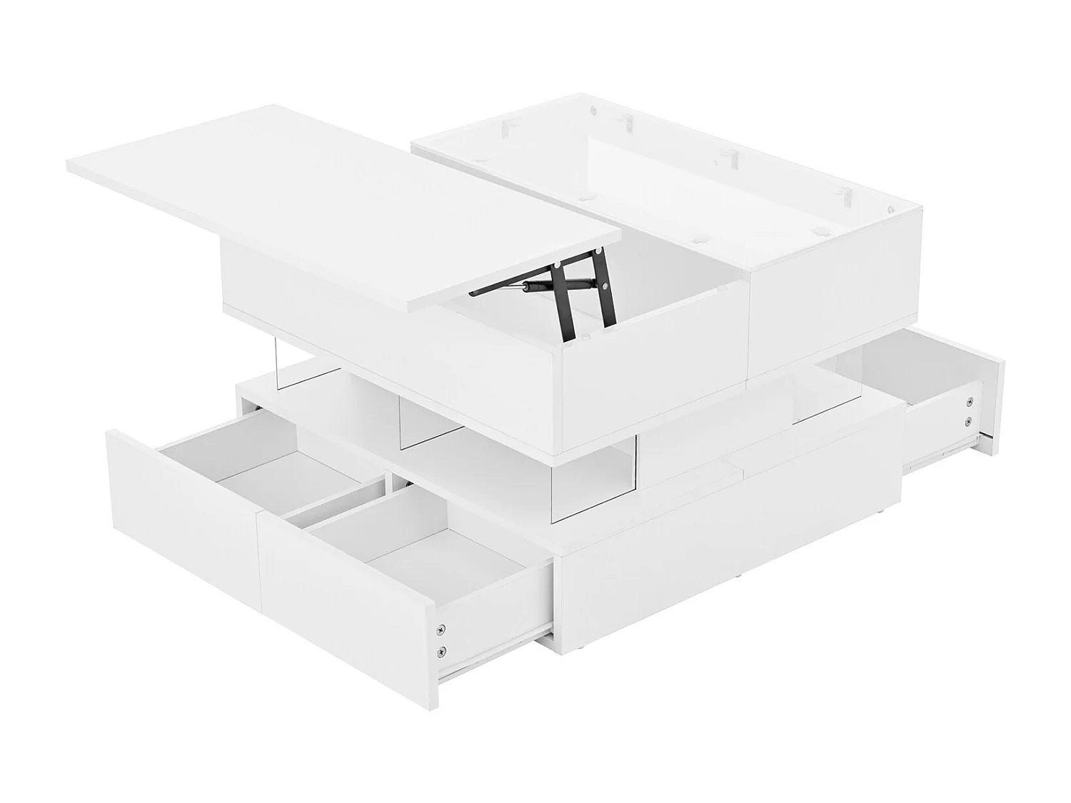 Tavolino da caffè multifunzionale con piano sollevabile, luce LED e cassetto - Piano in vetro temperato, 70x67x57 cm, bianco