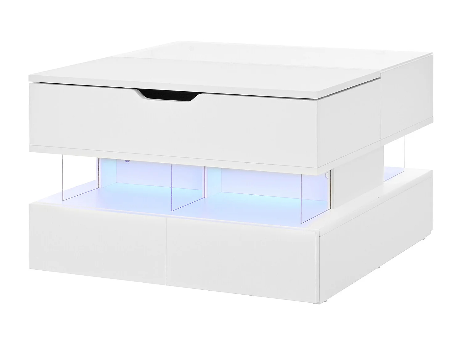 Tavolino da caffè multifunzionale con piano sollevabile, luce LED e cassetto - Piano in vetro temperato, 70x67x57 cm, bianco