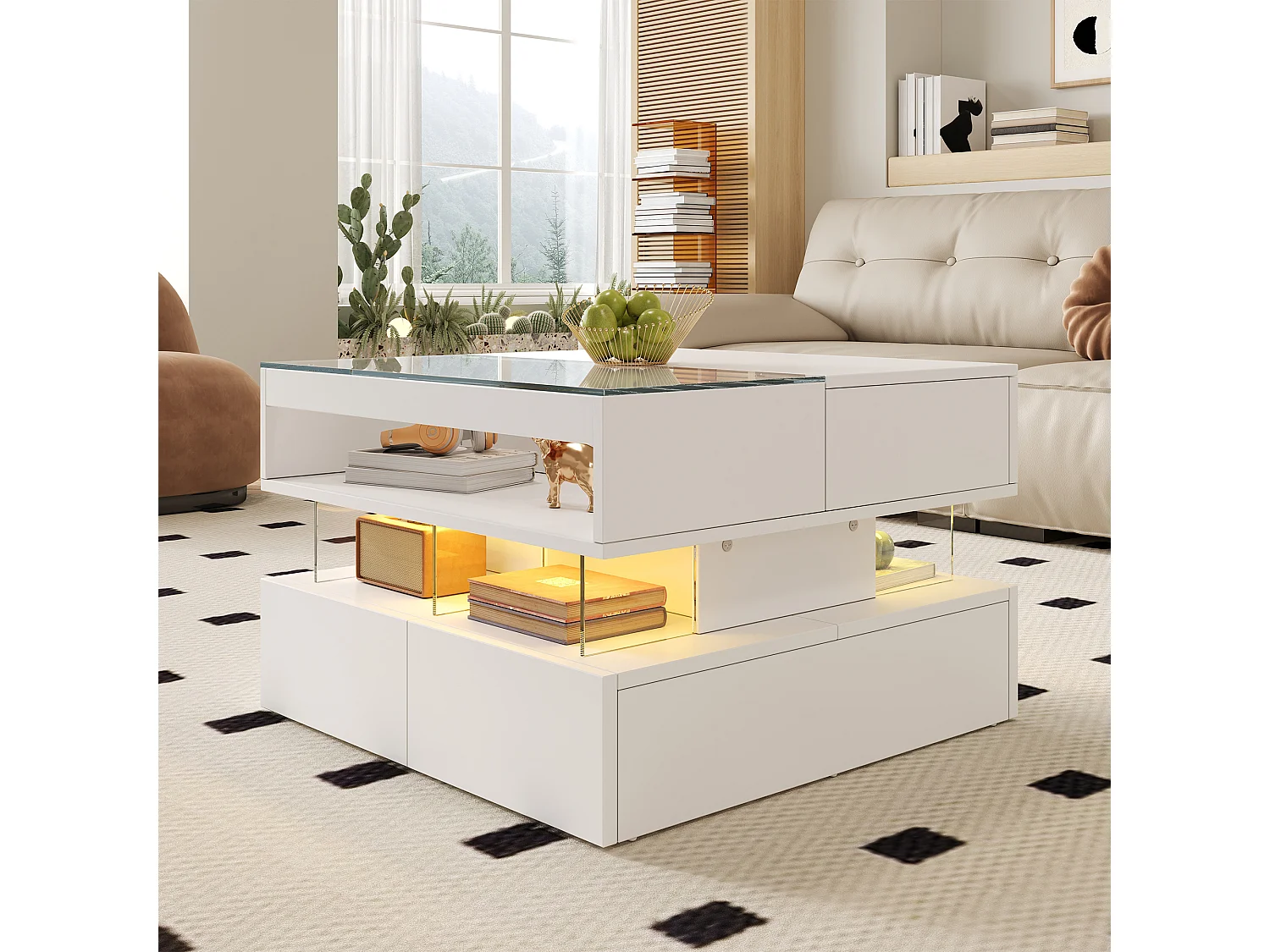 Mesa de centro multifuncional com tampo elevatório, luz LED e gaveta - Tampo de vidro temperado, 70x67x57 cm, branca