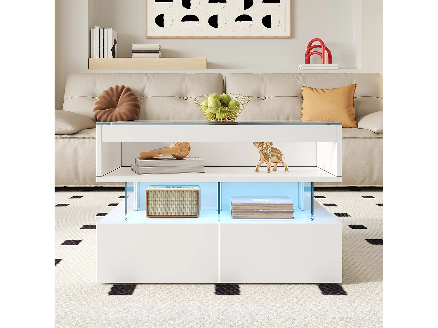 Mesa de centro multifuncional com tampo elevatório, luz LED e gaveta - Tampo de vidro temperado, 70x67x57 cm, branca
