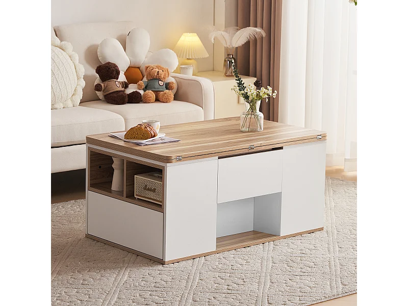 Tavolino da caffè con piano sollevabile, il piano si apre per rivelare 2 tavolini, con 2 cassetti, Mobili per soggiorno, Bianco e legno
