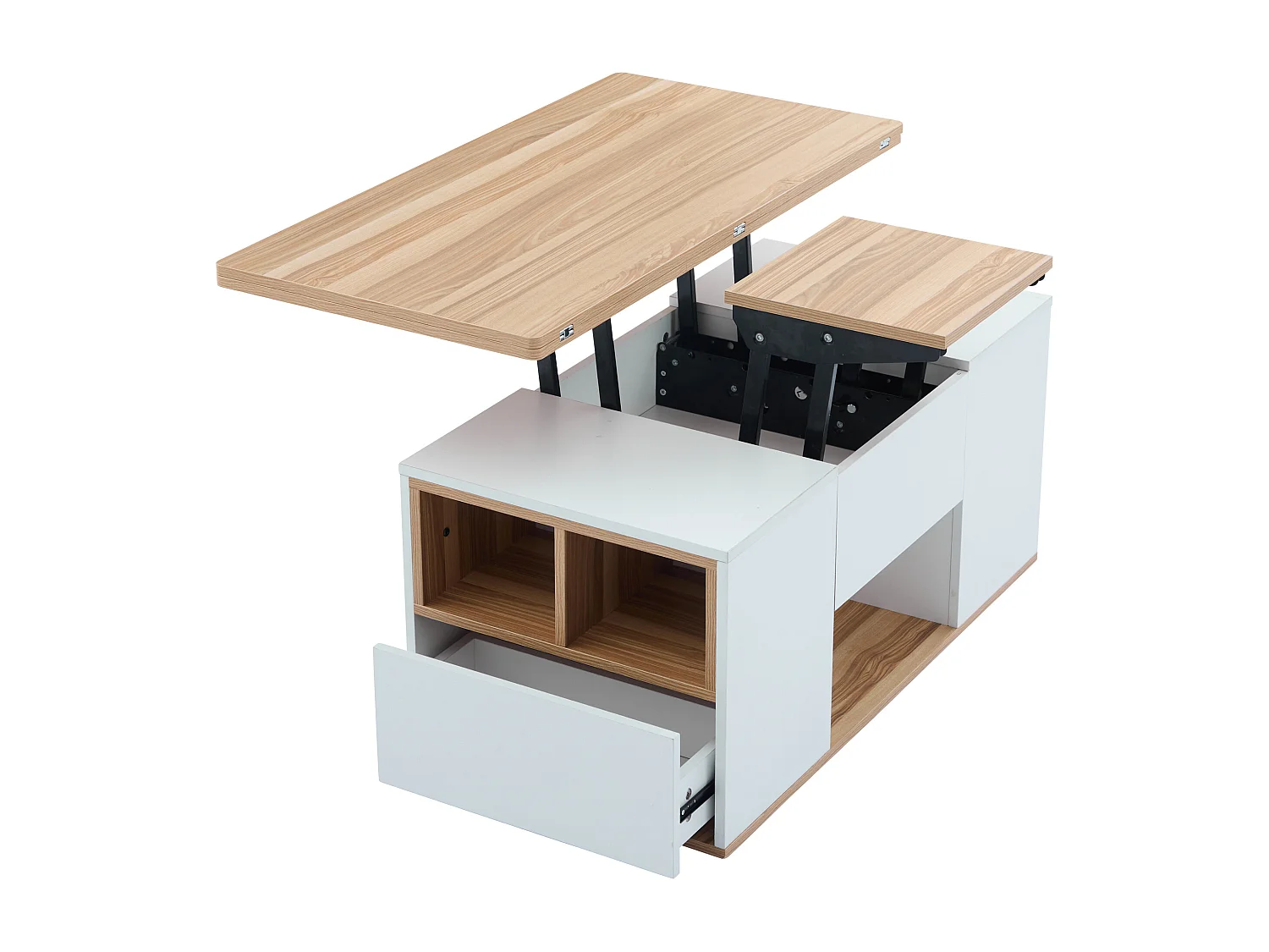 Tavolino da caffè con piano sollevabile, il piano si apre per rivelare 2 tavolini, con 2 cassetti, Mobili per soggiorno, Bianco e legno