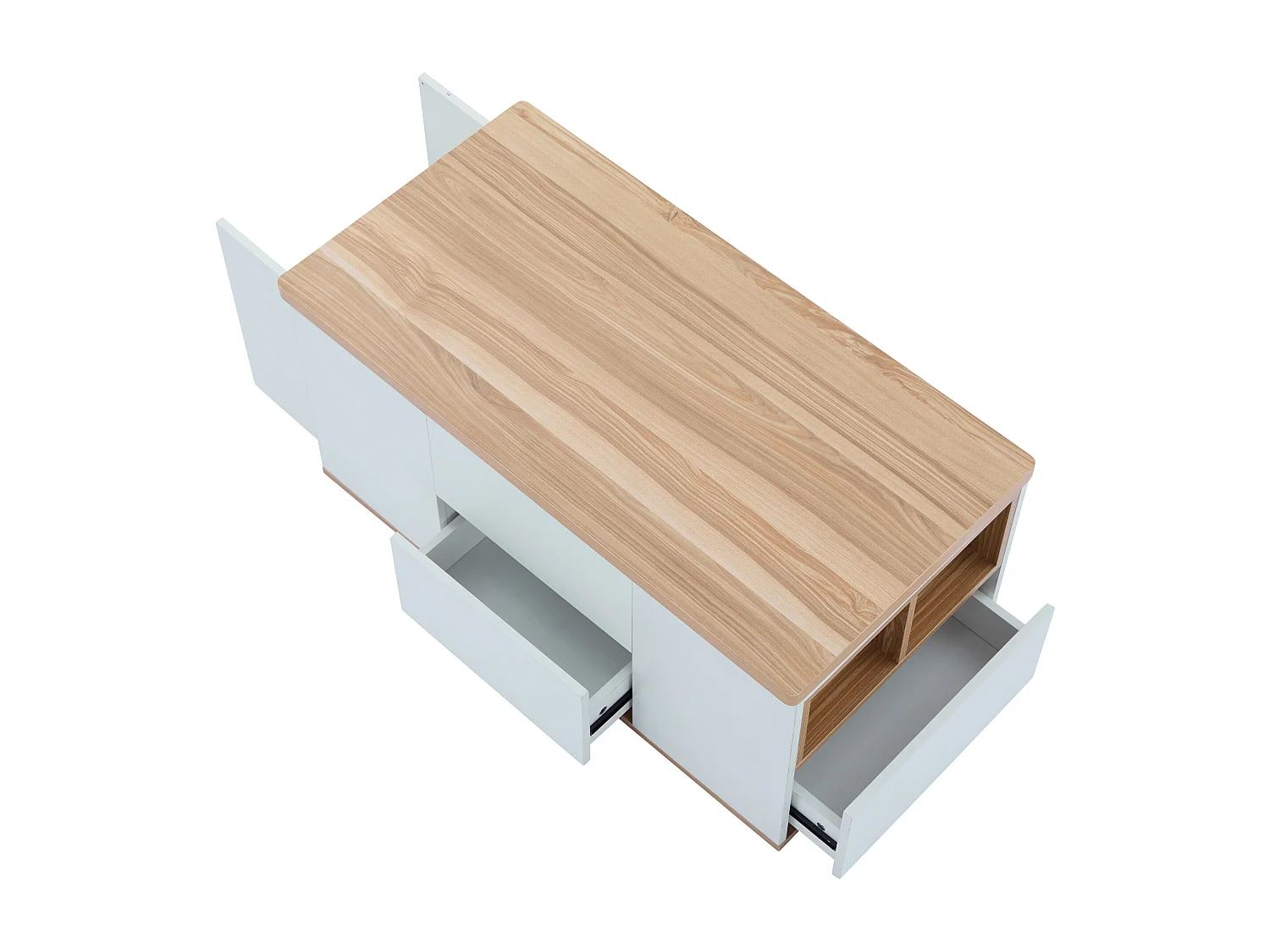 Tavolino da caffè con piano sollevabile, il piano si apre per rivelare 2 tavolini, con 2 cassetti, Mobili per soggiorno, Bianco e legno