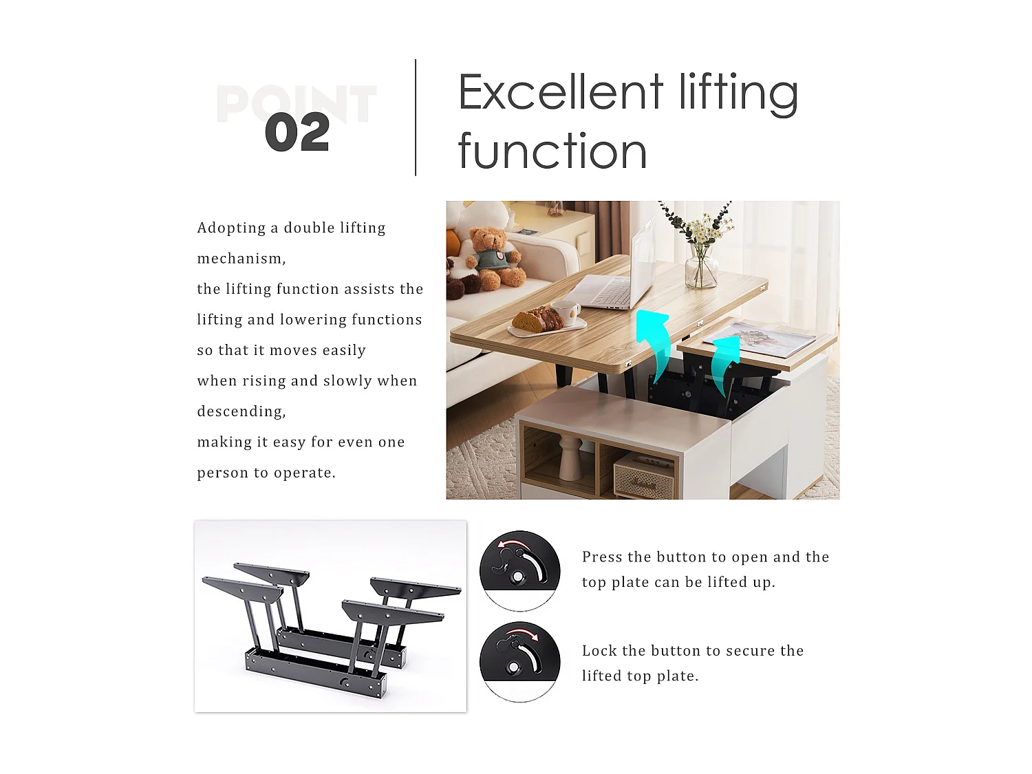 Tavolino da caffè con piano sollevabile, il piano si apre per rivelare 2 tavolini, con 2 cassetti, Mobili per soggiorno, Bianco e legno