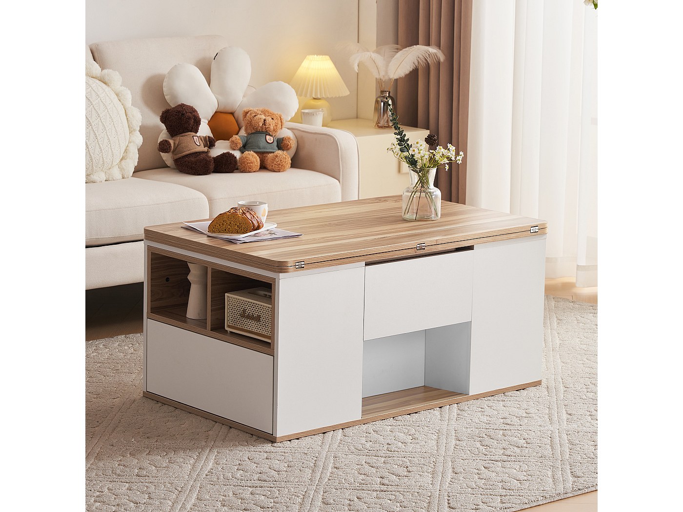 Salontafel met hefbaar bovenblad 95x48x40cm met 2 lades, LED, onderstel