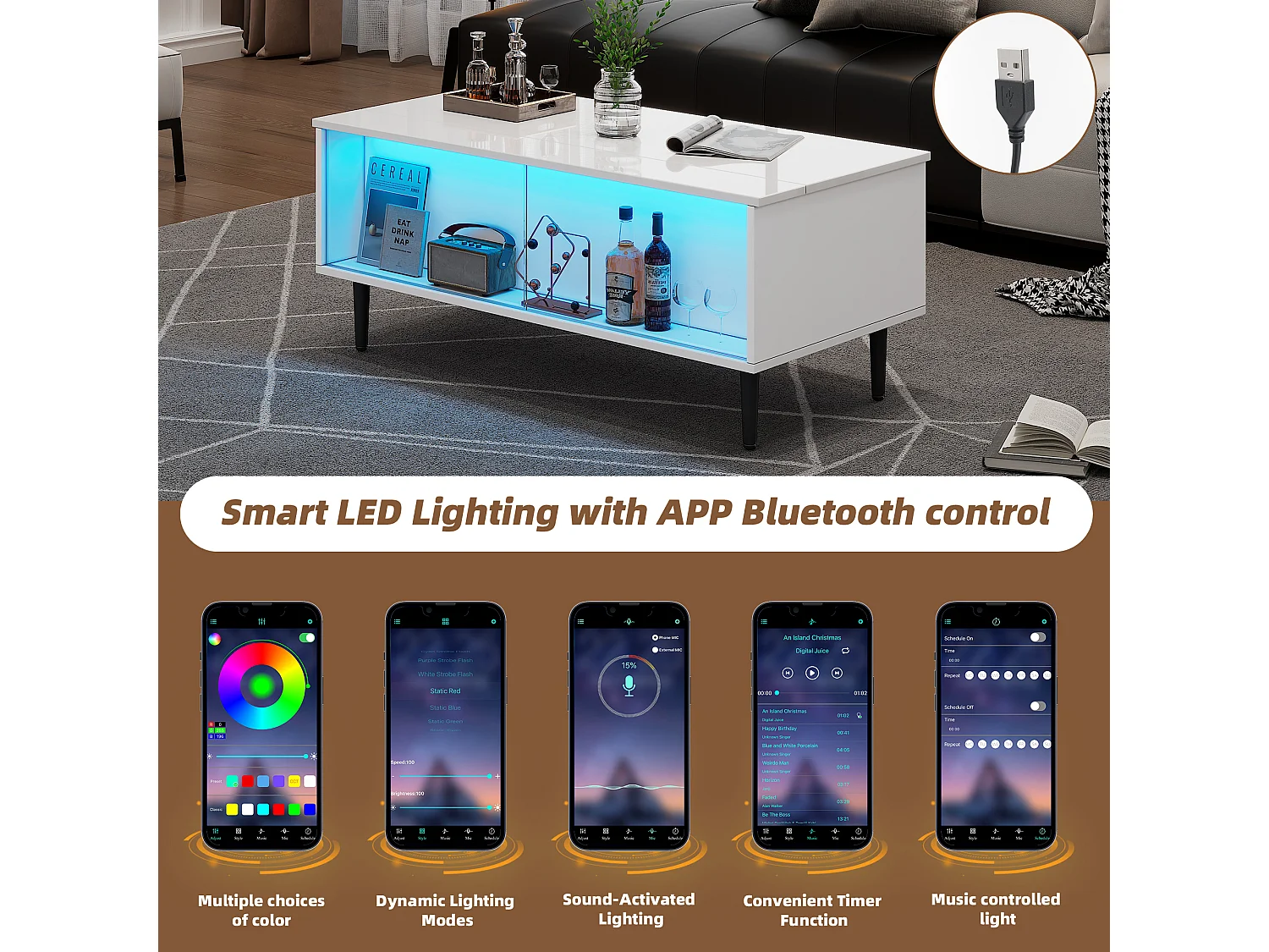 In hoogte verstelbare salontafel, 105 x 50 x 43 cm, woonkamertafel met ledverlichting, gehard glas, wit