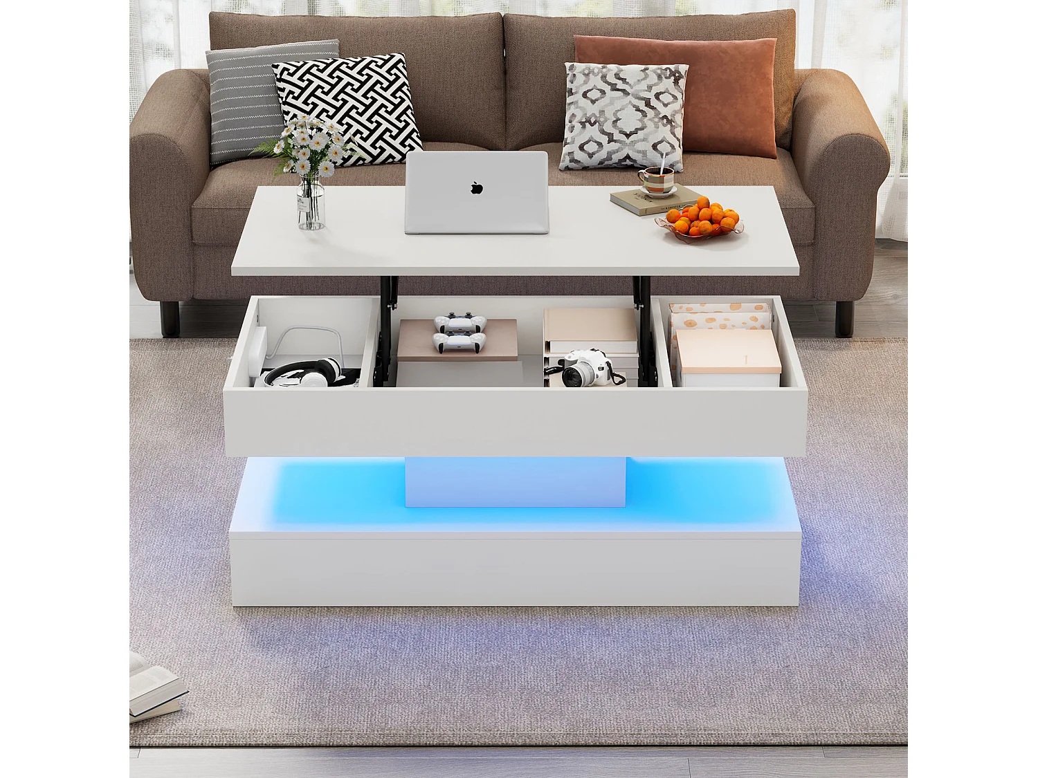 Mesa de centro moderna com iluminação LED - Tampo elevatório hidráulico - Armazenamento integrado - 100x50x42 cm, branca