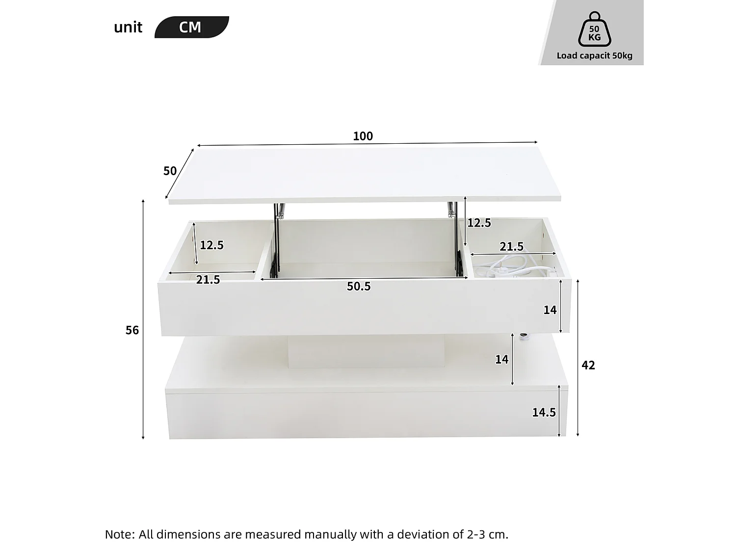 Mesa de centro moderna com iluminação LED - Tampo elevatório hidráulico - Armazenamento integrado - 100x50x42 cm, branca